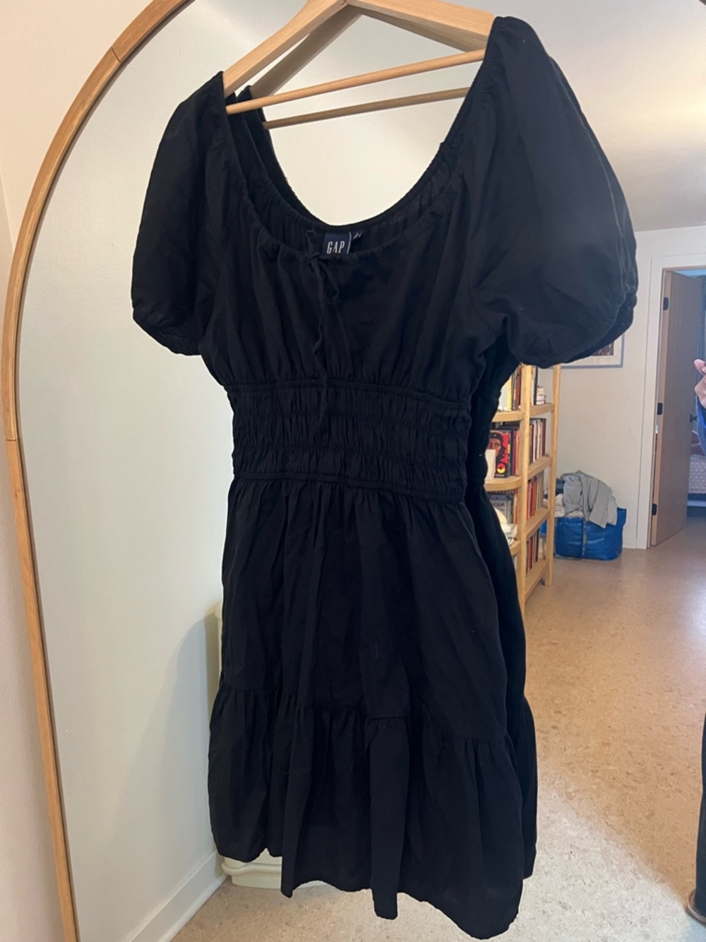 GAP Black Puff-Sleeve Smocked Mini Dress